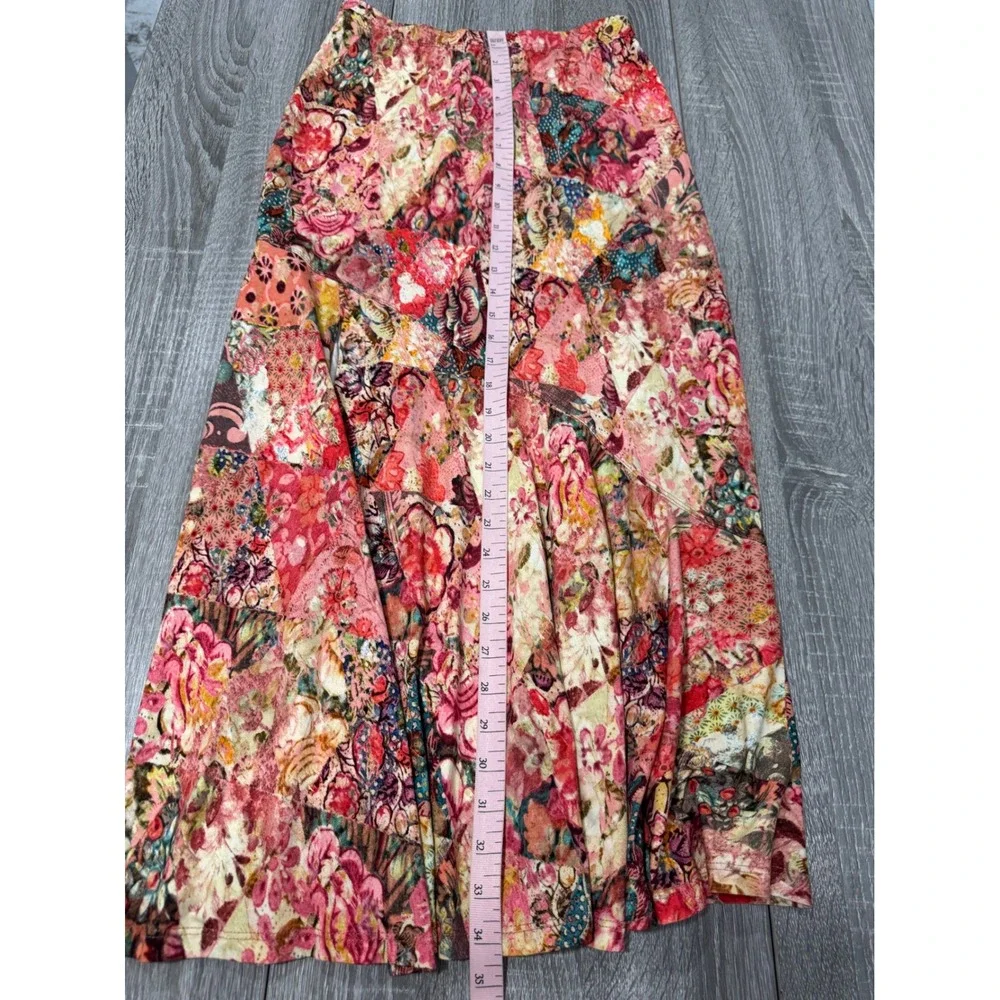 Peruvian Connection Patchwork Floral Maxi Skirt Multi Color Boho Side Slit XS